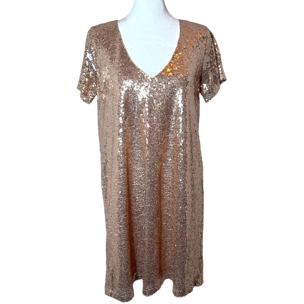 Lulus Light Up the Night Champagne Sequin Shift Dress, Small